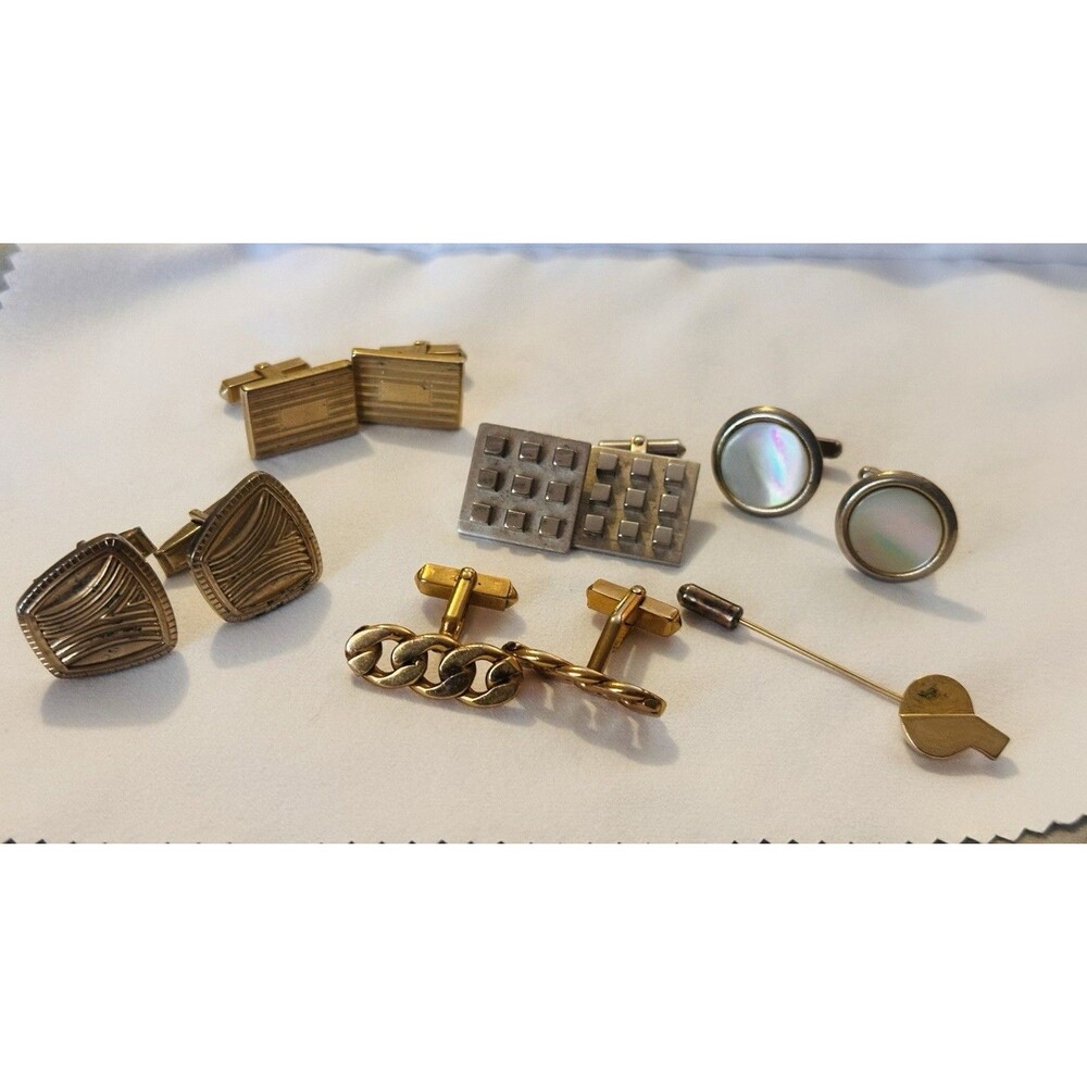 Vintage SWANK Cuban Link Cufflinks Lot Destino Mid Century Gold Silver + Tie